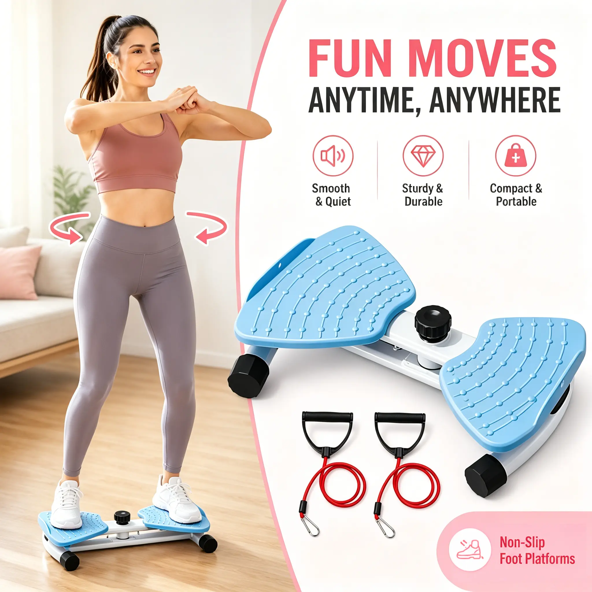 Women’s & Beginners’ Easy Twist Board with 2 Resistance Bands, Non-Slip Quiet Core Trainer, Portable Home Office Full-Body Workout Equipment (No Gym Required)