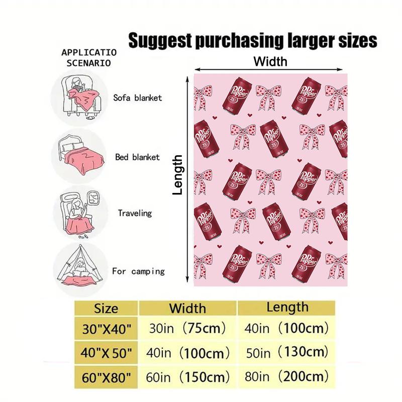 Dr Pepper Original Flavor Pink Bows with Red Hearts Flat Velvet Blanket Soft Office Bedding Blanket PlushThin Quilt Holiday Gift cozy  soft fluffy