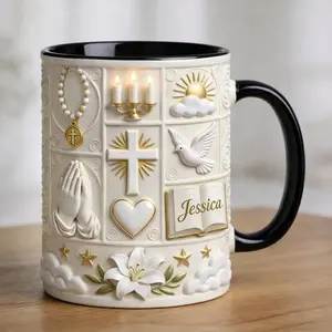 Personalized Christian Mug for Women, Custom Name Faith Coffee Cup, Cross and Dove Religious Gift, Prayer Bible Mug, Baptism Easter Gift