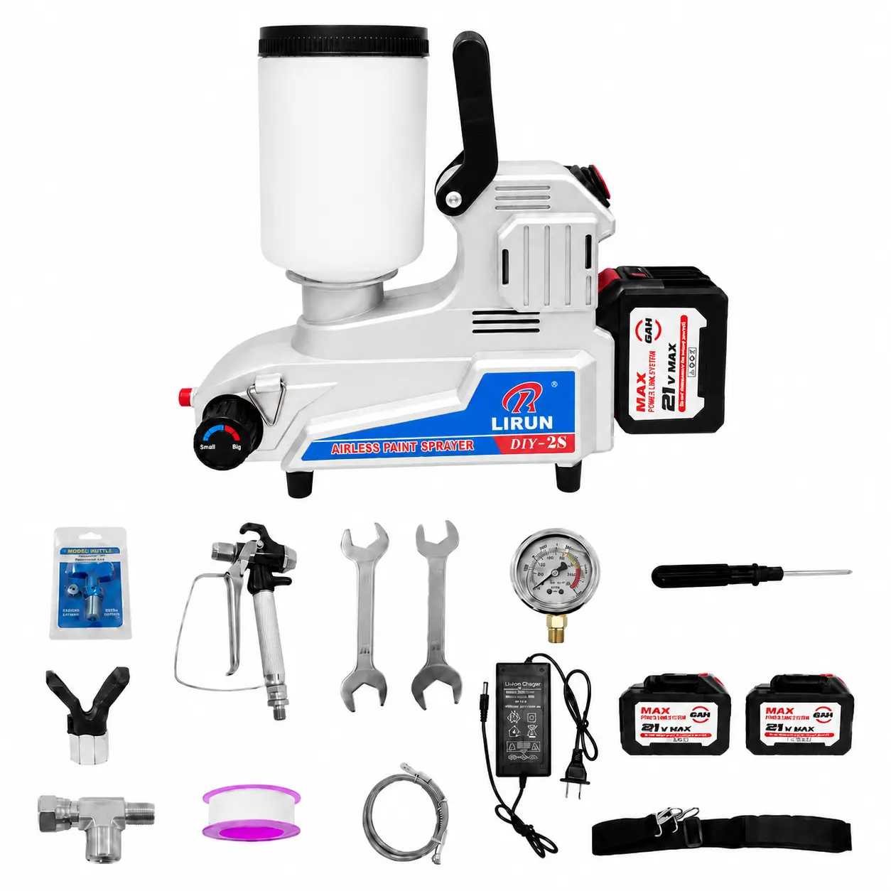 DIY-2S 21V Cordless Paint Sprayer, 0.32GPM Paint Sprayer for Home Interior 1000W 2700psi Cordless Copper Motor Paint Sprayer, Adjustable Power Electric Paint Sprayer, Equipped with 2 x 6000mAh Batteries, Low Overspray for Home Painting DIY Garage Projects