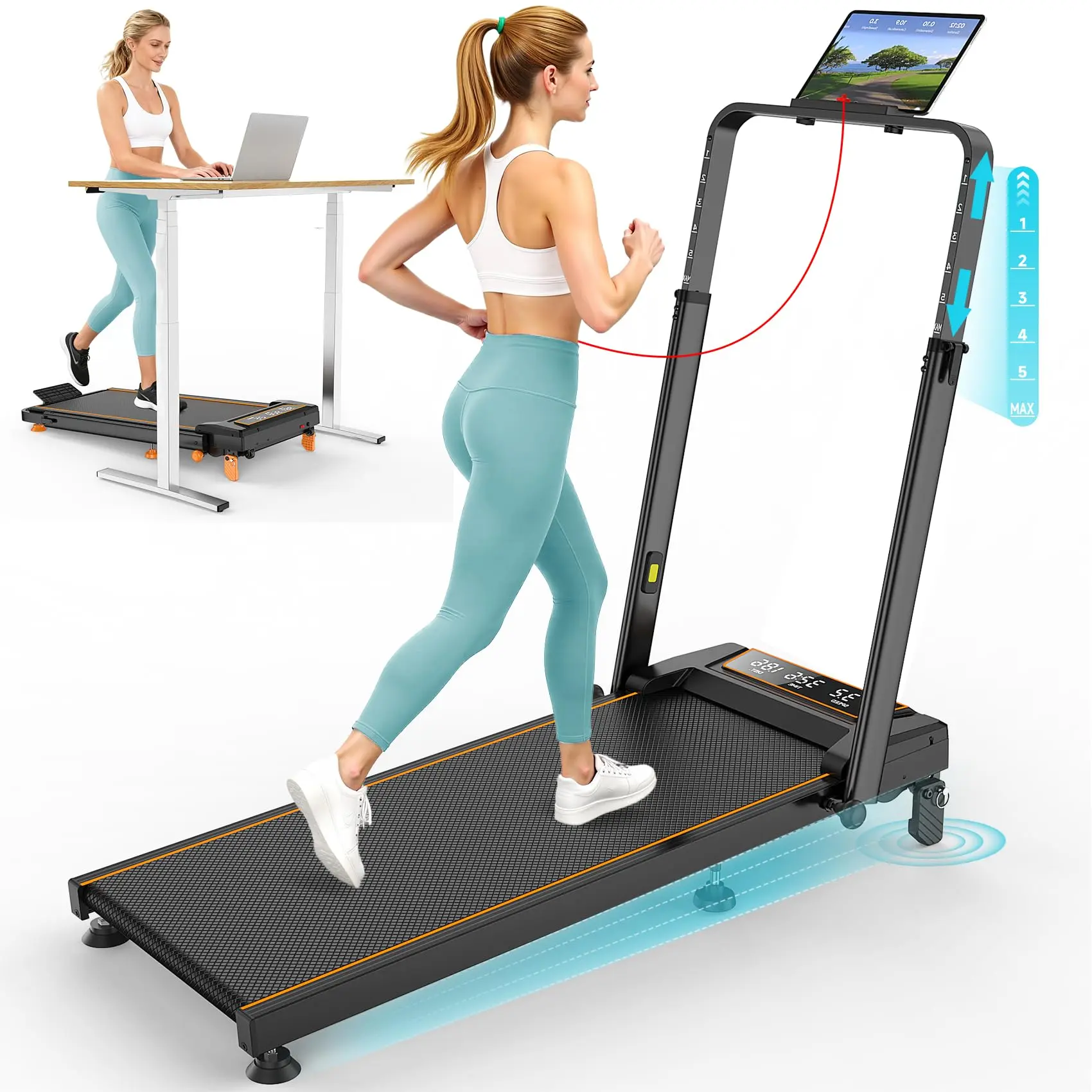 Trisomy-ss Walking Pad Treadmill with 15% Incline & Dual LED Display, 4 in 1 Walking Pad with Handle Bar, 3.5HP Foldable Under Desk Treadmill, Portable Treadmills for Home 350LBS, 4 Adjustable Incline, RGB Light