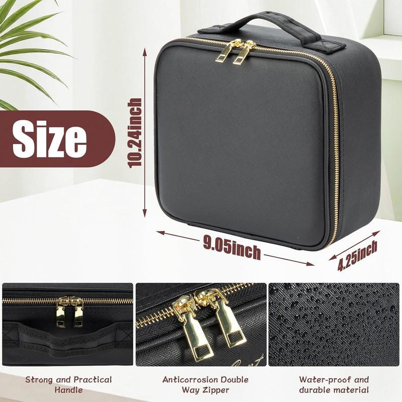 Makeup Bag with LED Mirror, Small Travel Makeup Case with Rechargeable Lighted Mirror 3 Color Lights, Double Layer Cosmetic Box Makeup Brush Lipstick Holder Organizer for Women, Black