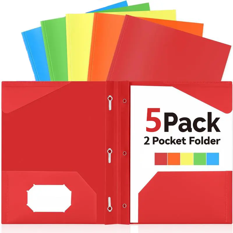 5 Pack Heavy Duty 3-Prong 2-Pocket Plastic File Storage Folders, Colored Paper Folders with Pockets & Prongs, Office Filing Supplies for Organizing Docs, Essential Back to School Item for Kids, File Storage Folder