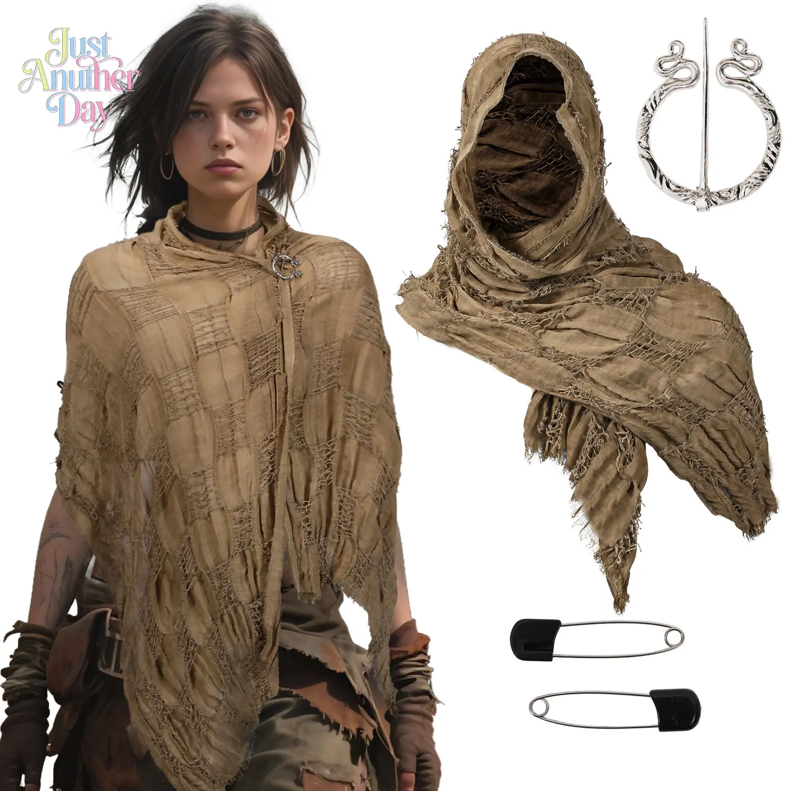 Distressed Linen Cotton Hooded Shawl, Vintage Wasteland-Style Poncho with Frayed Edges, Multi-Use Scarf Cape for Cosplay & Everyday