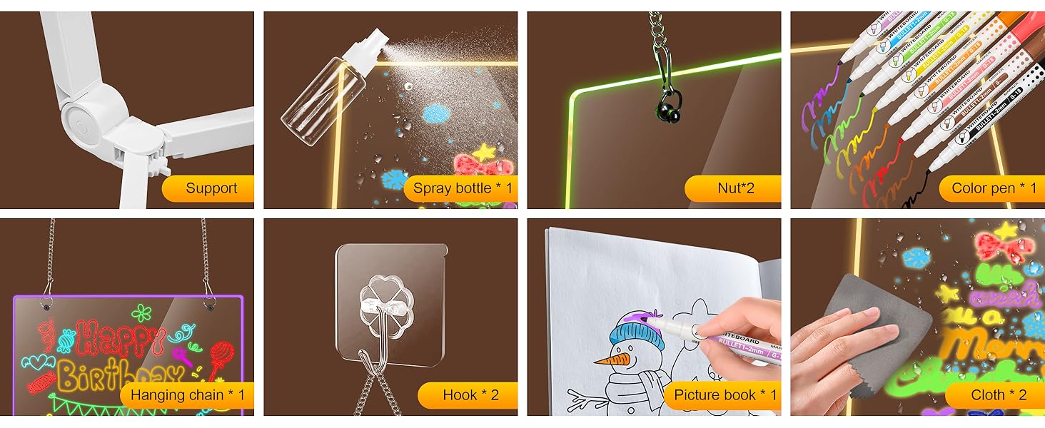 【Hot Selling Gift】LED Drawing Board with 7-Colors,Equipped with Stand,8 Colored pens (with Eraser Caps),Sketchbook,Adapter, Hook, Chain, Spray Bottle, Cloth and Sketchbook (12x“8”) LED Note Board 【Hot Selling Gift】LED Drawing Board with 7-Colors,Equipped with Stand,8 Colored pens (with Eraser Caps),Sketchbook,Adapter, Hook, Chain, Spray Bottle, Cloth and Sketchbook (12x“8”) LED Note Board