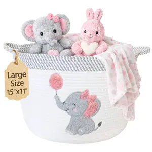 Elephant Storage Basket for Nursery (15”x11”) Large Cotton Rope Toy Bin w/ Soft Teddy-Felt Elephant Patch + Handles — Baby-Safe Organizer for Toys, Blankets, Diapers & Towels — Foldable, Washable Baby Laundry Hamper — Neutral Grey/White Nursery Decor