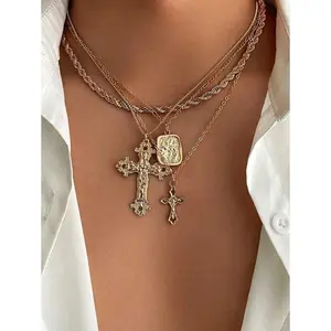 4pcs Vintage Chic Geometric Metal Cross Pendant Necklace Set, Multilayer Charm Necklaces For Men