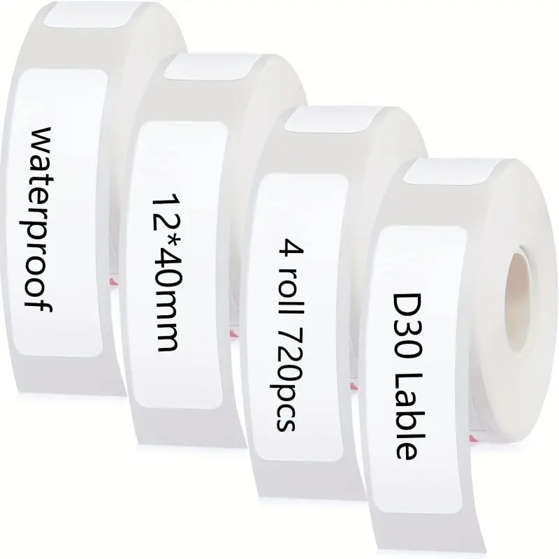 4 Rolls of Thermal Label Paper, 12 x 40mm Labels, Adhesive, Waterproof, Tear-Resistant, for Phomemo D30 Label Printer, White Label Tape, Thermal Labels for Storage Jars, Files, Addresses, Sticky Labels, Return Address Labels
