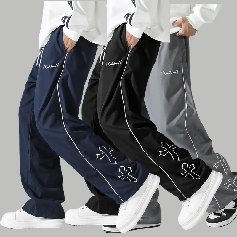Men's Y2K Cross Print Baggy Parachute Pants - Elastic Waist Wide Leg Streetwear Joggers with Drawstring