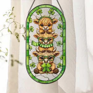 Highland Cow St. Patrick's Day with Stained Glass Shamrock Suncatcher, Lucky Clover Whimsical Window Decor