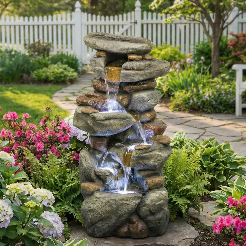 Outdoor Water Fountain Large - Stone Fountains with LED Light for Patio Yard Garden Backyard Decking Outdoor or Entryway Decor 30' Waterfountain