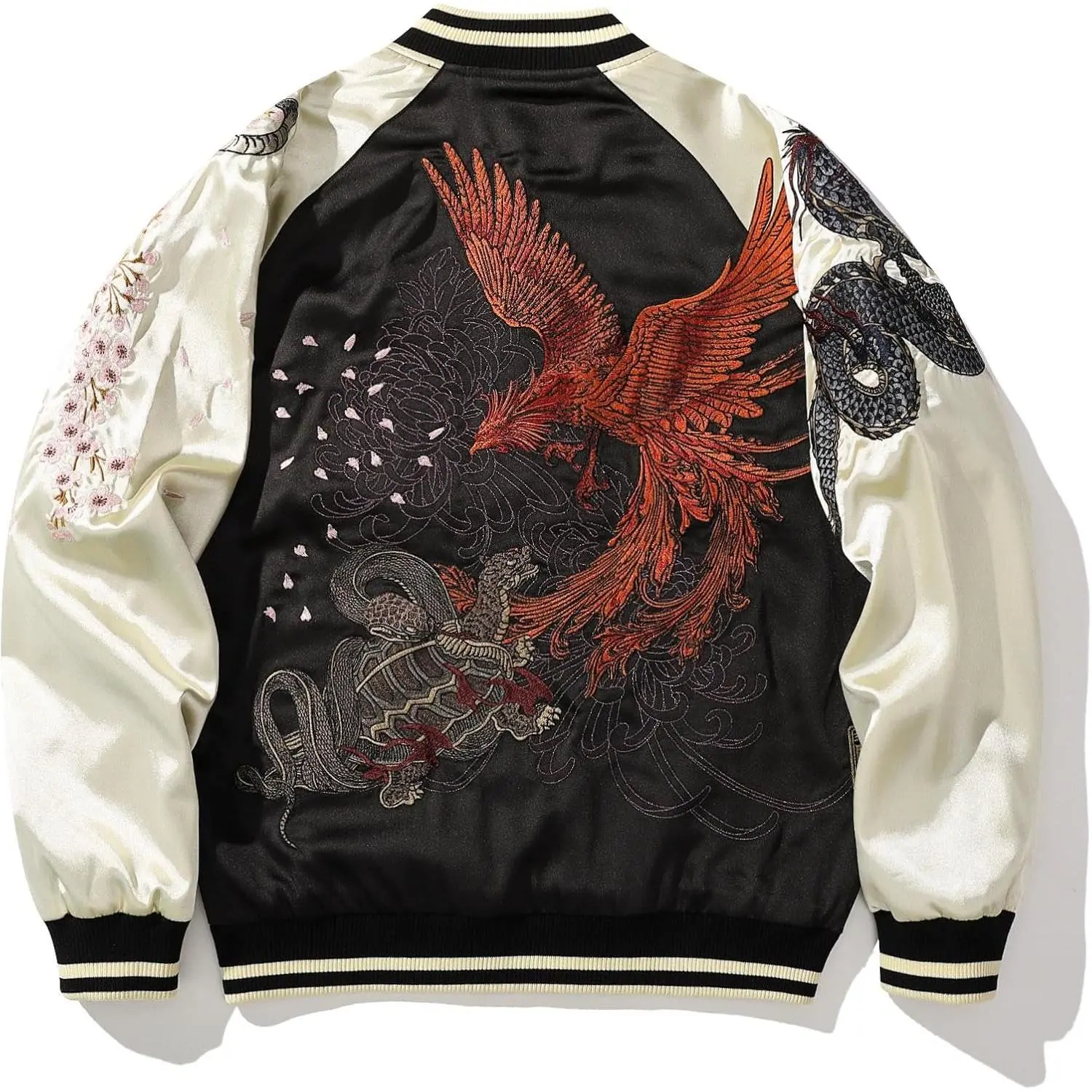 Men's Phoenix Embroidered Japanese-Style Oversized Streetwear Silky Fabric Full-Zip Bomber Jacket with Tiger, Snake, Turtle Accents for Spring & Fall
