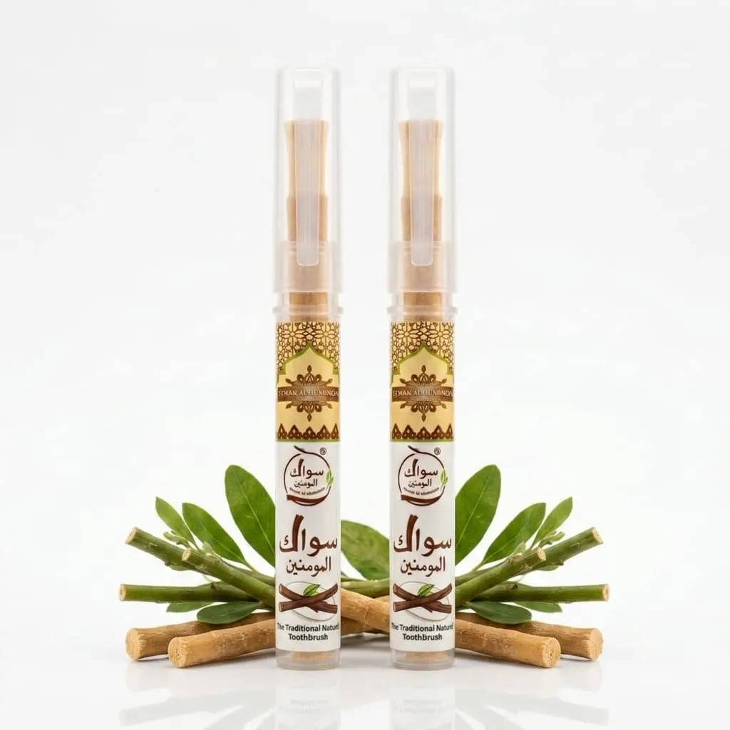 (Pack of 2) Sewak Al Mominin Natural Miswak Toothbrushes with 2 Premium Protective Holders - Travel Oral Care Kit, Daily Oral Cleaning Supplies