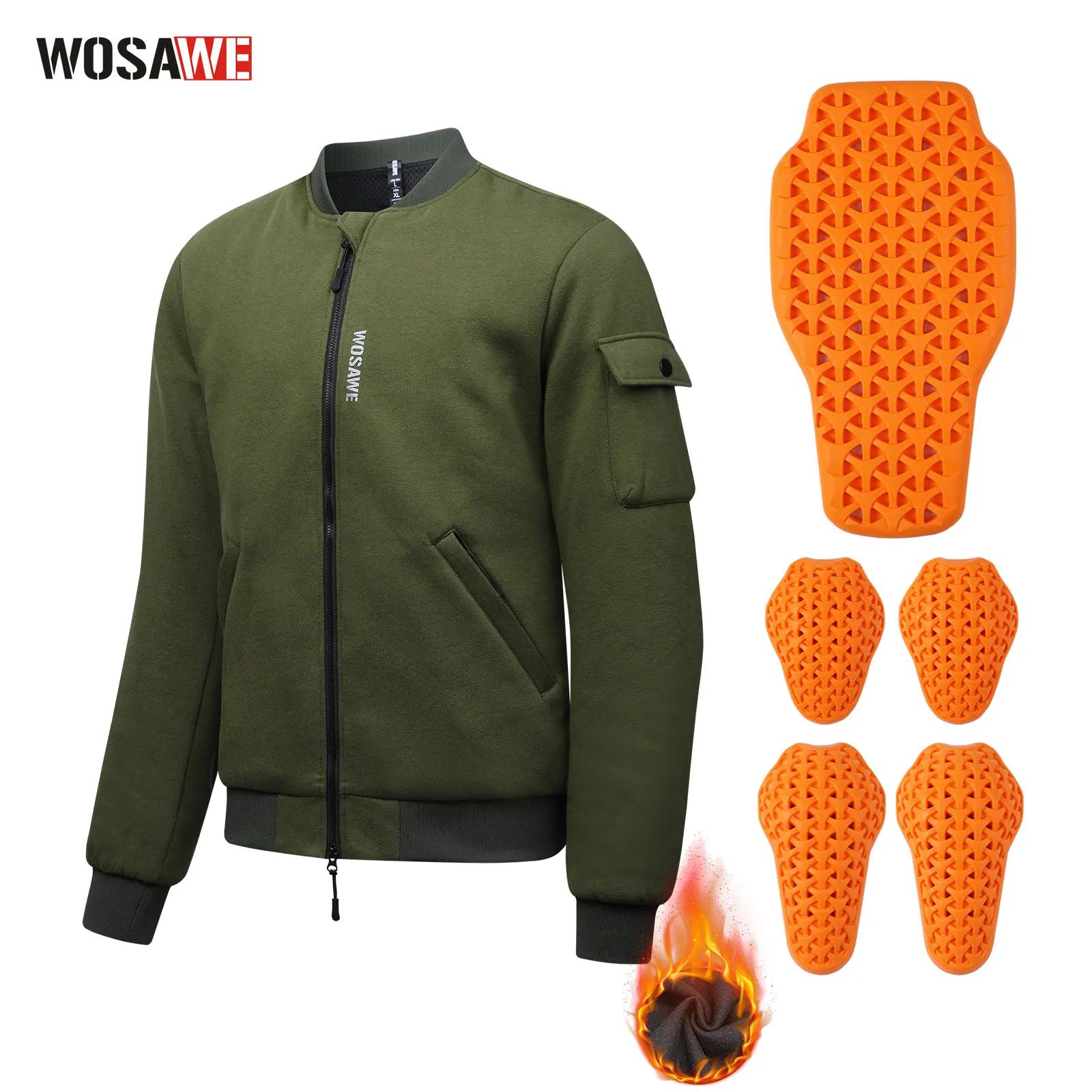 WOSAWE Men's Classic Long Sleeve Fleece-Lined Motorcycle Bomber Jacket, 3-in-1 Versatility Biking Riding Gear with Back Pads, Winter Breathable Outwear with Elastic Cuffs & 1-Hand Adjust Feature
