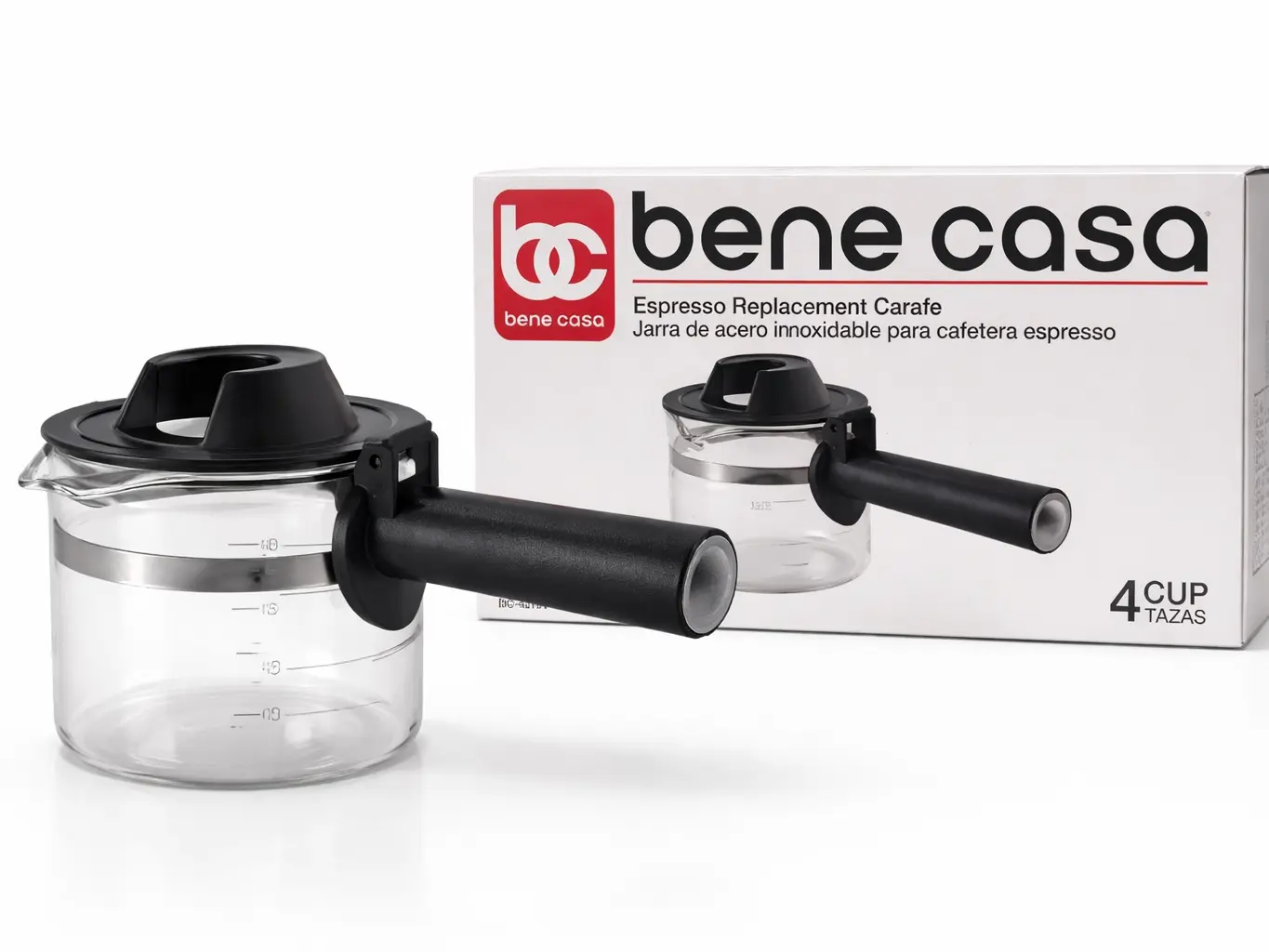 Bene Casa 4-Cup Glass Espresso Replacement Carafe - Glass Coffee Pot with Ergonomic Handle for Home Espresso Machines, Coffee Brewers, Coffee Brewer