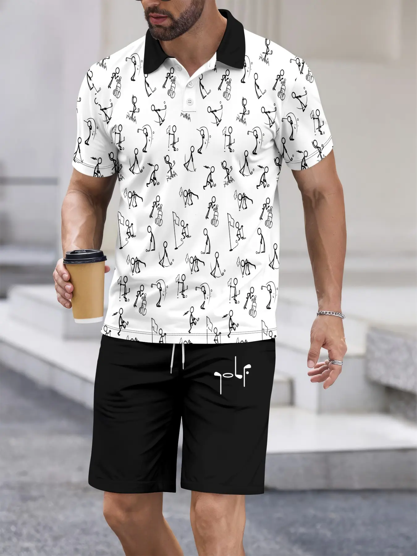 Men's Golf 2-Piece Set, Cartoon Print Polo Shirt and Shorts, Casual Short Sleeve Button-Up Top, Summer Sports Wear, Casual Outfit Set, Street Style Menswear