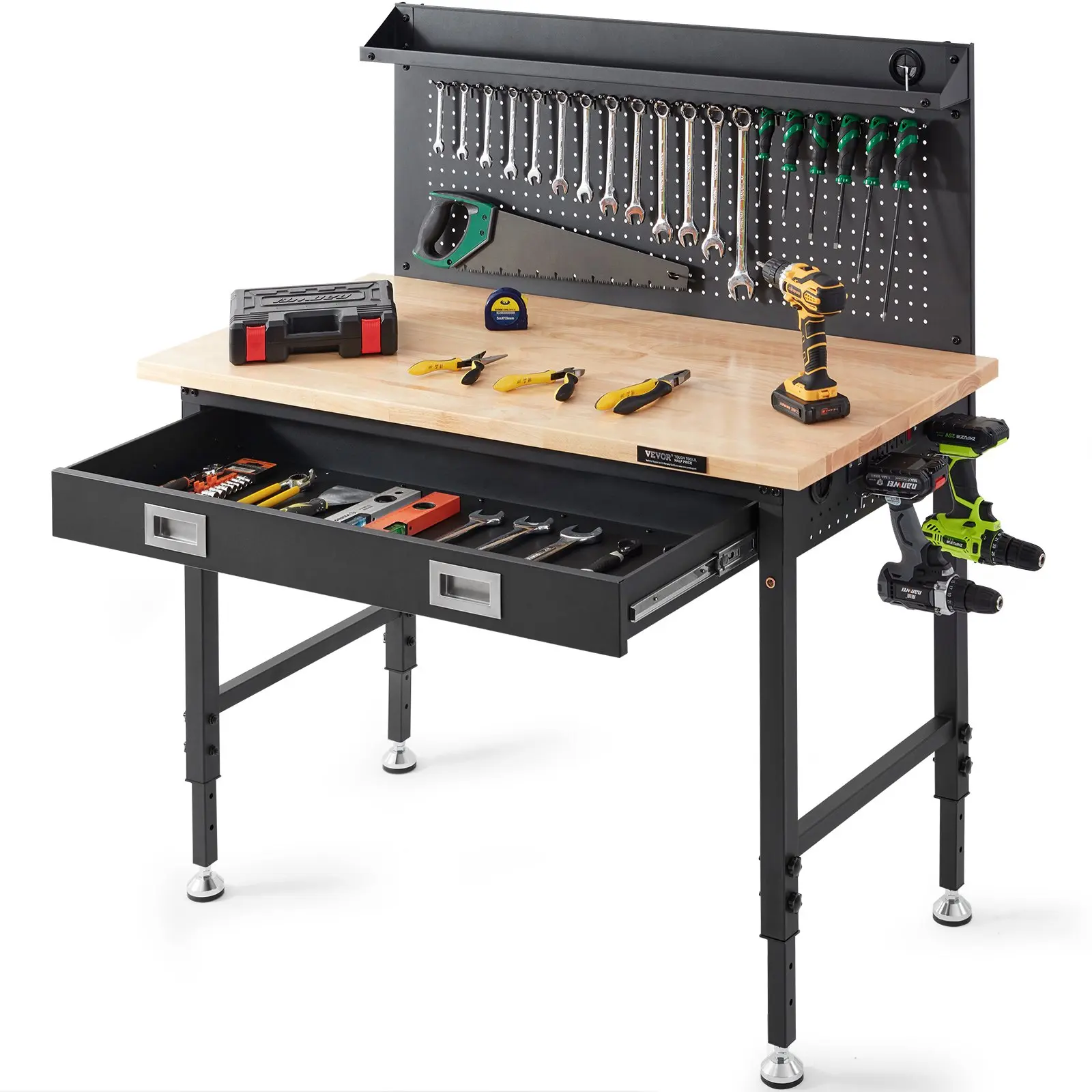 【toolupgrade】VEVOR Hand Adjust Heavy Duty Workbench, 28-39.5in Adjustable Height, 48x24in Solid Oak Plank Top, Carbon Steel Frame, 2000lbs Capacity, 3m Cable, 30 Hooks, Drawers, 14W LED Lights