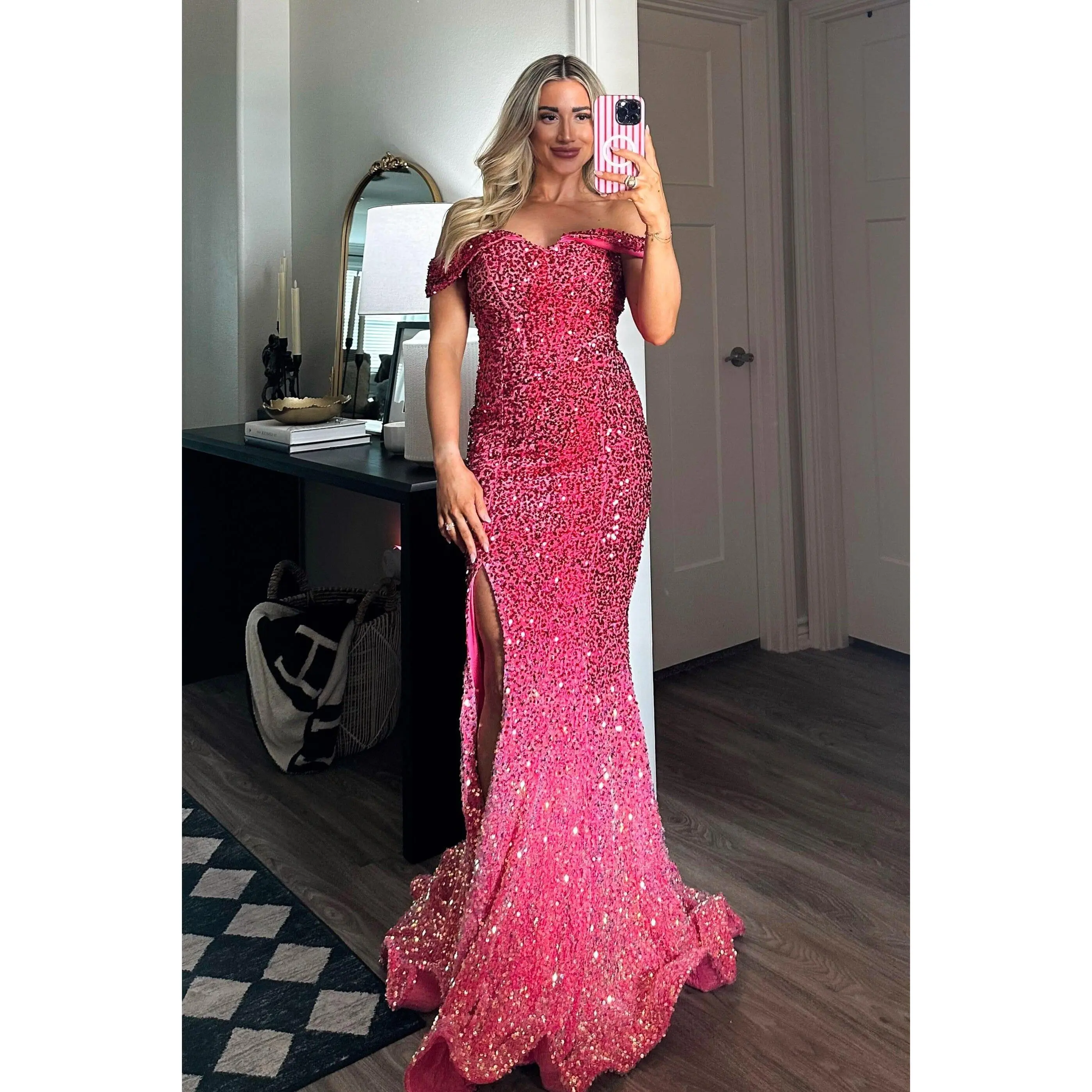 Monet Ombre Sequin Off Shoulder Maxi Dress: Magenta/Pink Multi