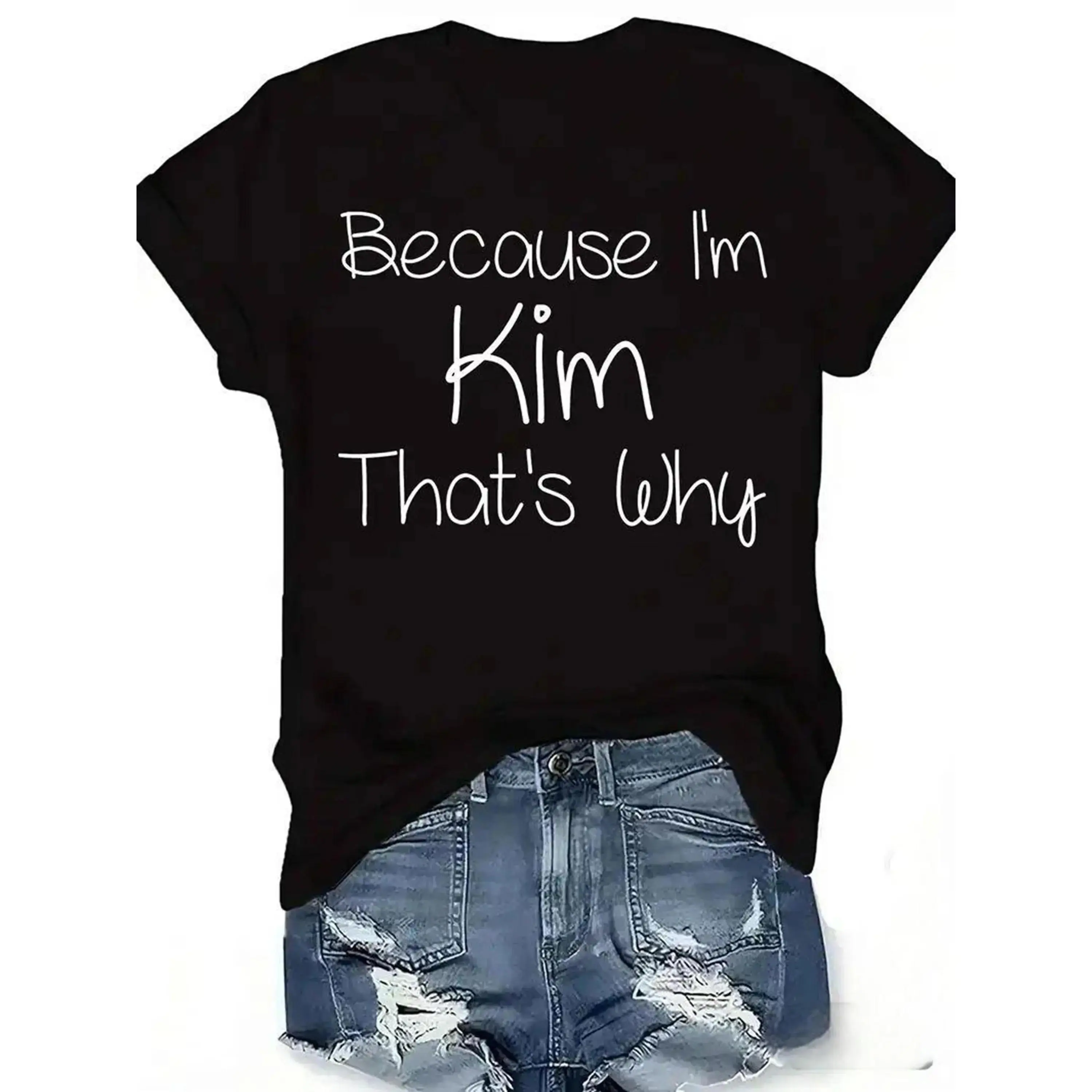 [100% Cotton]  1Pc Women'S Casual Crew Neck T-Shirt With Geometric-Pattern Knit Polyester, Regular Length, All-Season Comfort - "Because I'M Kim That'S Why" Graphic Tee Golf Gift T-Shirt For Men And Women
