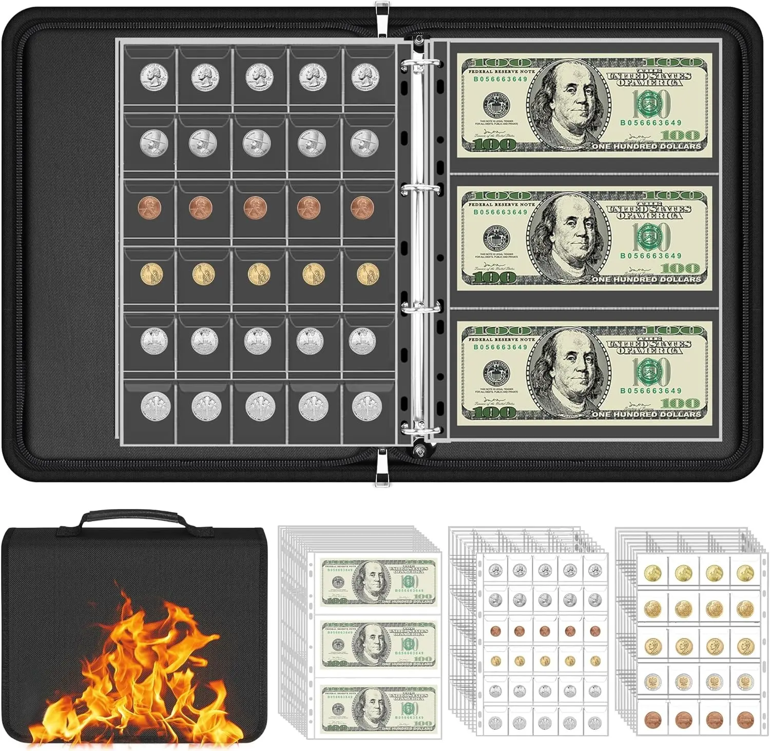 360 Pockets Coin Currency Collection Book Holder for Collectors, PU Coin Currency Collecting Album with Zipper and Handle, 360 Coins Pockets, 36 Sleeves Paper Money Banknote Binder
