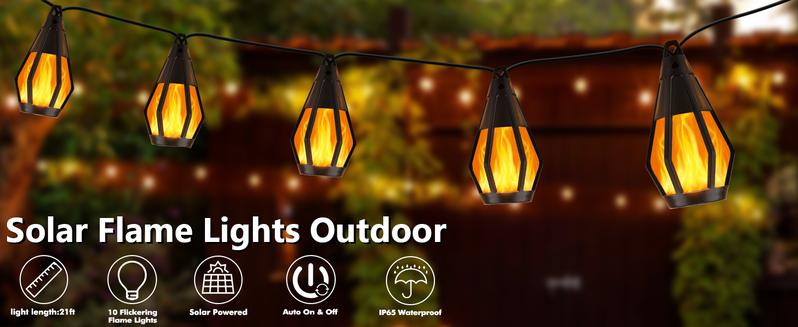 Solar-powered outdoor string lights for Christmas decorations (flame effect), 15 bulbs (32 feet) patio lights, waterproof warm white light, ideal holiday gift for decorating Christmas trees, Christmas parties, gardens, patios, and fun decorative lights.