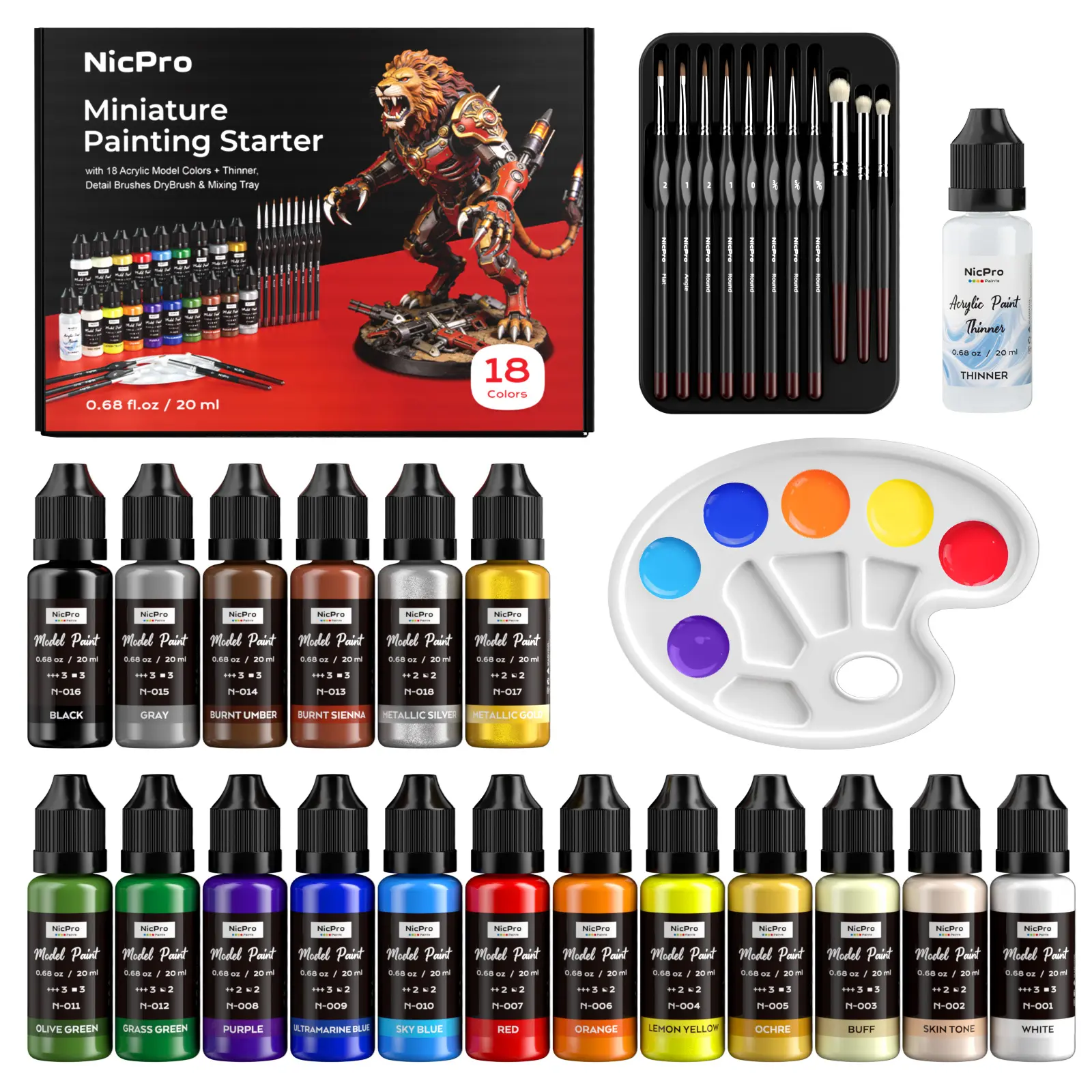 Nicpro All-In-One Miniature Painting Kit, Starter Paint Set with Model Paint & Thinner(20ml), Palette, 11 Detail Paint Brushes Drybrush, Miniature Paint Set for Models, Scale Figures, Crafts