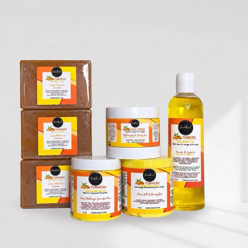 Turmeric Even Skin - 3 soaps, 1 scrub, 1 body butter, 1 face cream, 1 face and body oil.  Skincare complete Set  (Moisturizer, Skin repair, natural healthy glow) made with Jojoba, Shea butter, Rosehip... skin complexion Correction, fades Redness, Acne