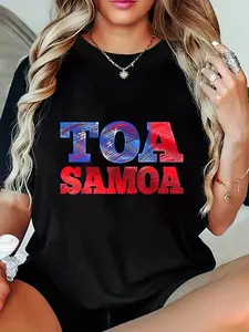 100% Cotton Toa Samoa Traditional Totem Letter Print Women'S T-shirt | Short Sleeve Crew Neck Casual Top for Spring & Summer, Medium Stretch Fabric, Pullover Style