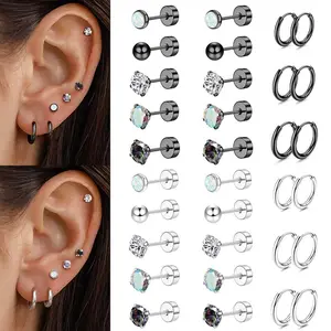 8/16 Pairs Surgical Steel Earrings for Sensitive Ears Hypoallergenic 20G Stainless Steel Stud Hoop Earrings for Women Men Small Opal Ball CZ Surgical Steel Flat Back Earrings Cartilage Earrings Hoop Stud