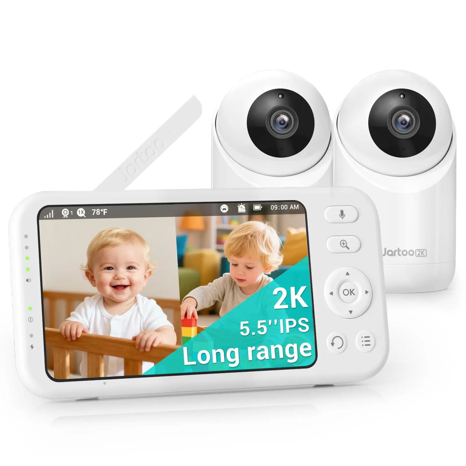 Jartoo Video Baby Monitor with 2 Cameras, 5.5" Full HD 2K Screen, 1860ft Long Range, No WiFi, AI Cry Detect, Clear Night Vision, 2-Way Audio, White Noise, 6000mAh Batteries