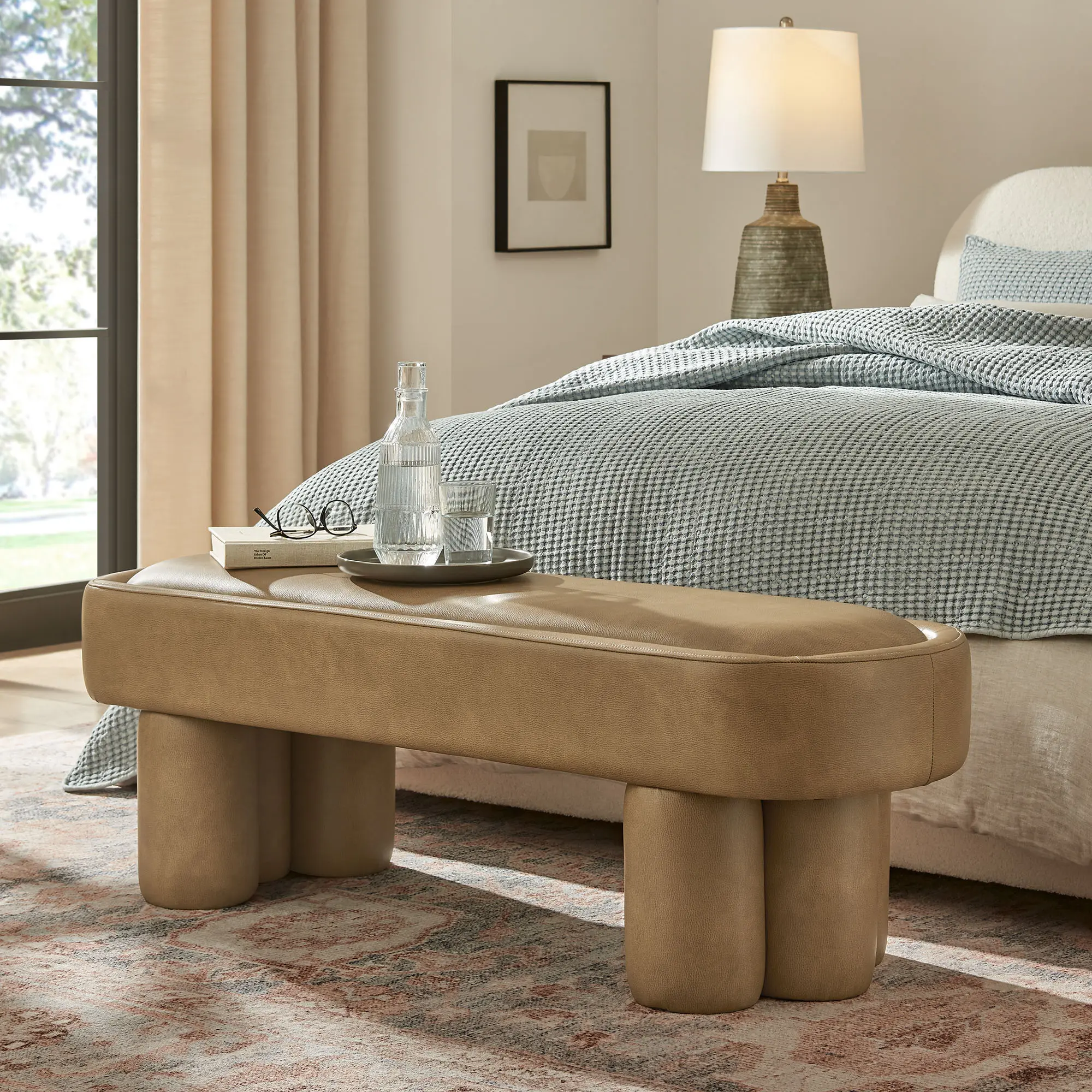 Mossi 52-Inch Oval Vegan Leather Bench in Toast