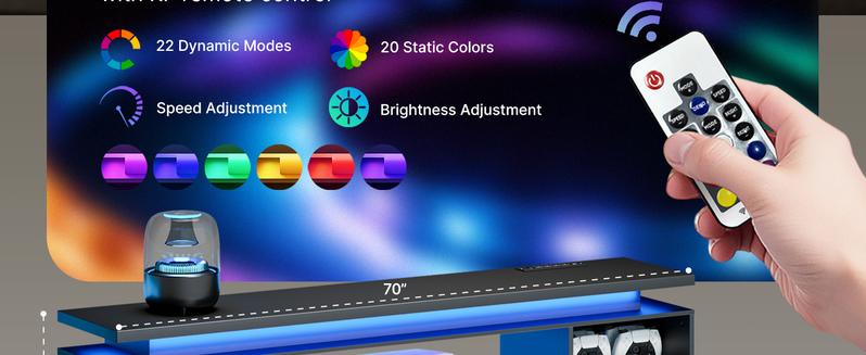 SUNCOZE TV Stand, Entertainment Center with LED Lights and Cabinet for 70/75/80 Inch TV, Modern TV Console Gaming Media Television Stands with Power Outlets for PS5 in Living Room and Bedroom