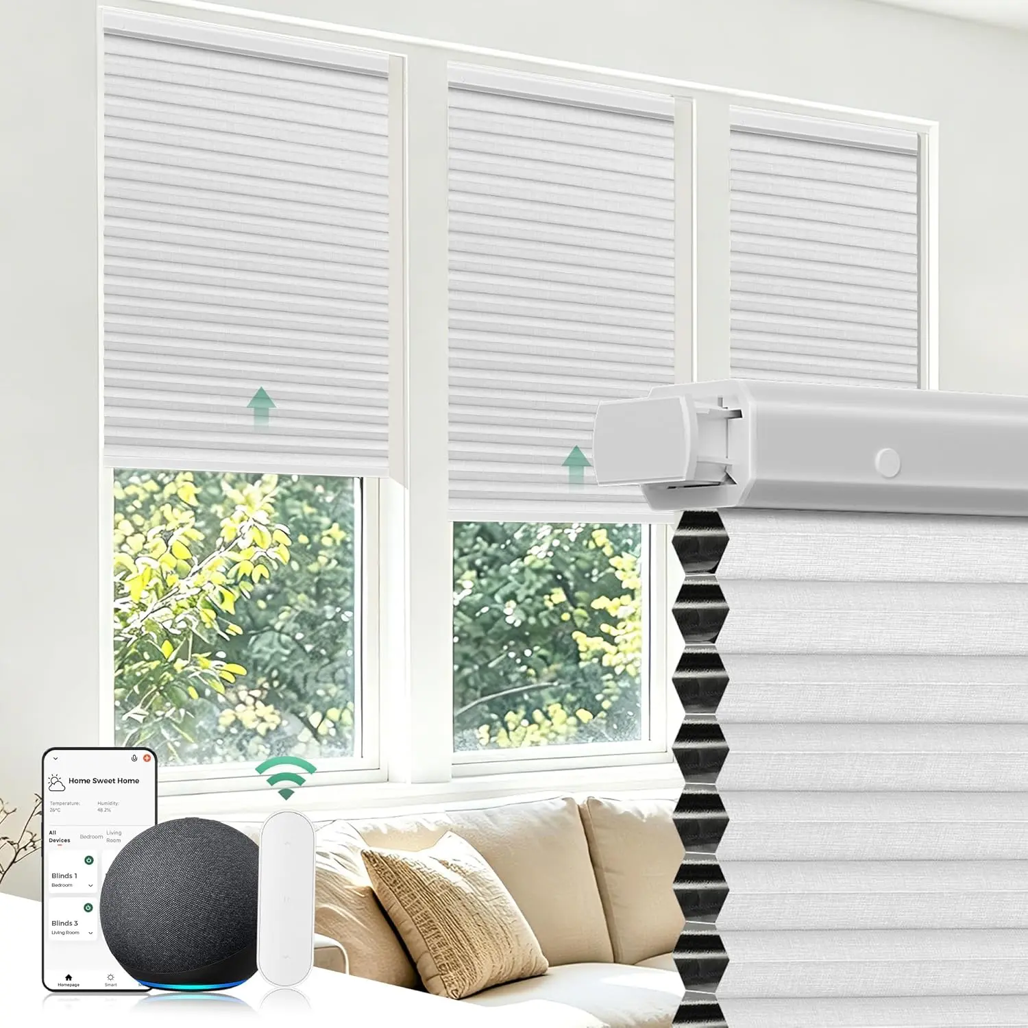 Allesin Cordless Top-Down Bottom-Up Honeycomb Blinds, No-Drill Cellular Shades, Thermal Insulated Free-Stop Window Blinds with Remote Motorized Functionality, Motorized Blinds With Remote