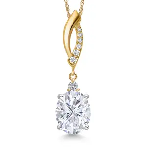 Gem Stone King 925 Silver and 10K Yellow Gold White Moissanite and Lab Grown Diamond Pendant Necklace for Women | 3.13 Cttw | Gemstone Birthstone | Oval 10X8MM | With 18 Inch Chain