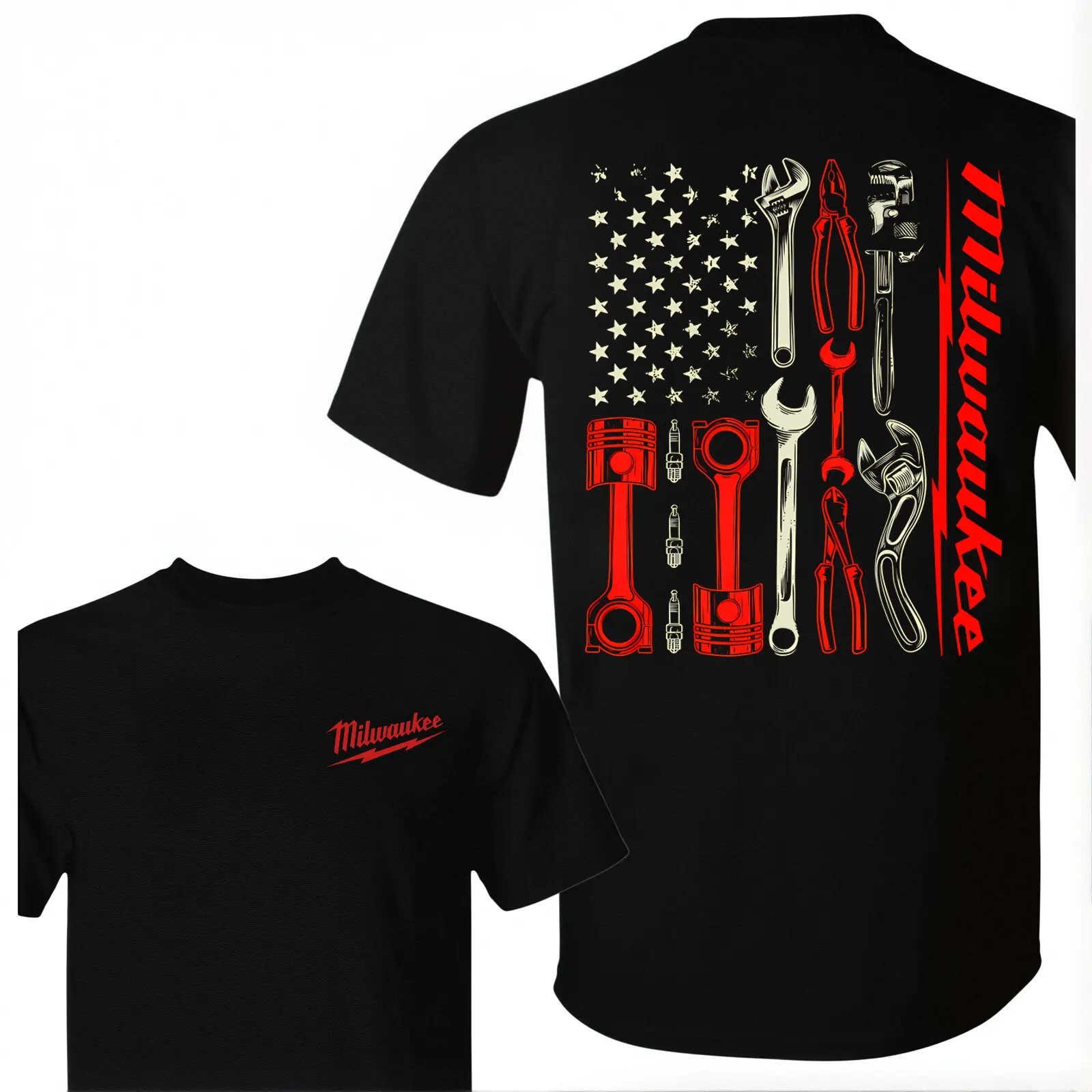 Men's Vintage Milwaukee Tools Mechanic Short-Sleeve Round Neck T-Shirt - USA Flag Graphic, Black Cotton Top, Menswear