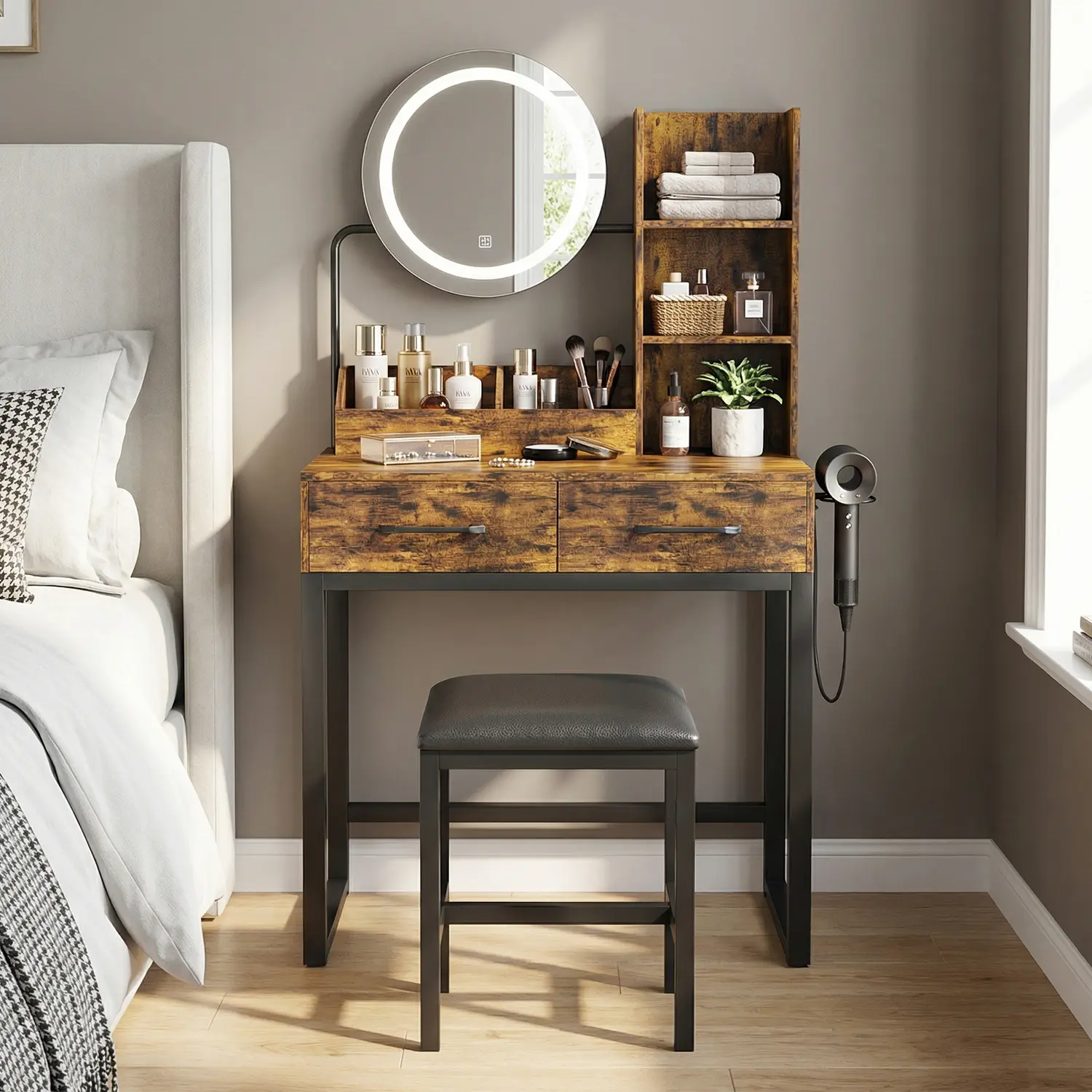 Rustic Classic Makeup Vanity Table with LED Mirror, 3 Color Modes, Power Outlet, 2 Large Drawers, Open Side Shelves, Storage, Durable Metal Legs & Cushioned Seat Metal Stool - Stable for Bedroom, Assembly Required