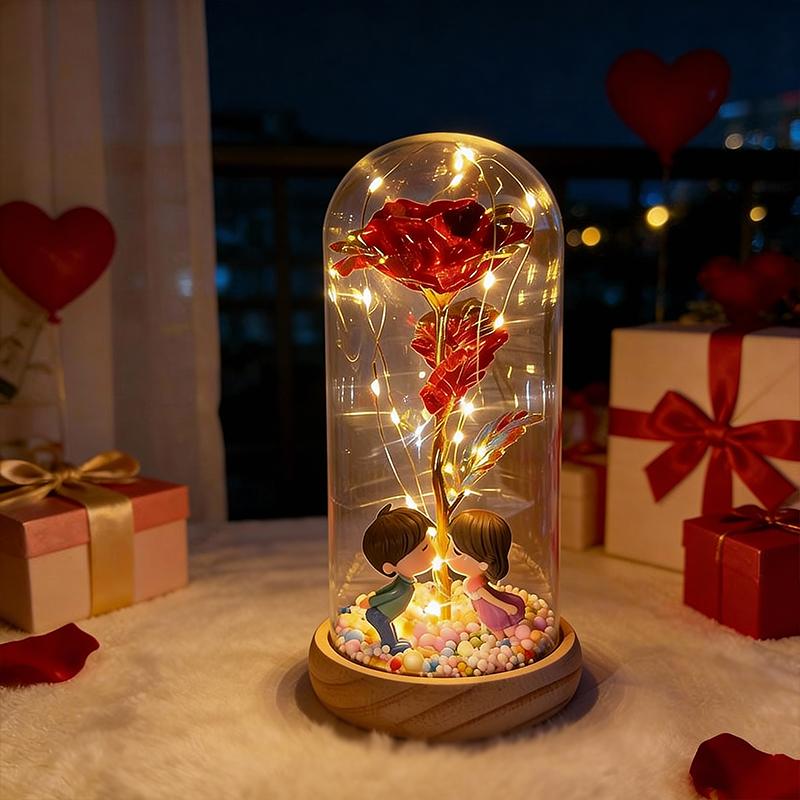 Valentine's Day simulation gilt roses, creative wooden base glass cover with couple dolls, colorful foam balls, AA battery power supply, gift box packaging suitable for Valentine's Day gifts, romantic night lights in home bedrooms