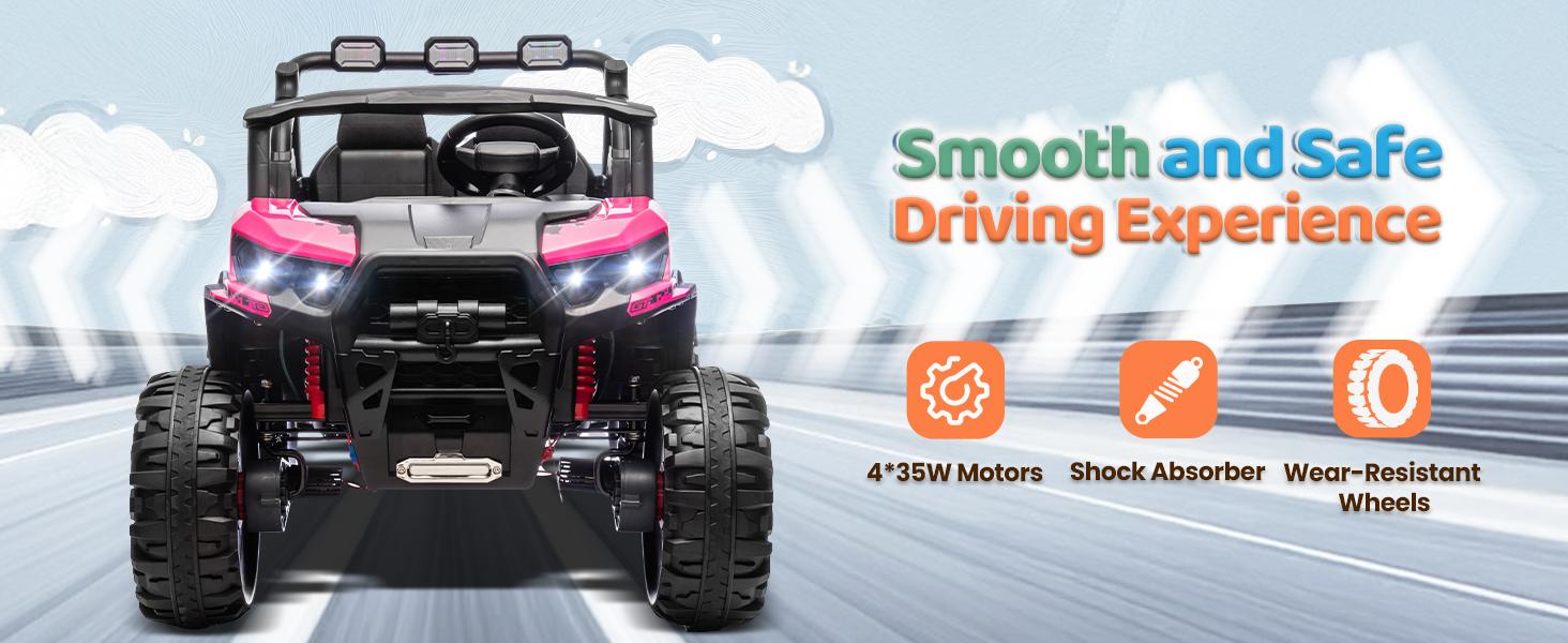 JOYMOR 2-Seater 24V Ride On UTV Truck with Remote Control, 3 Speeds Electric Car with Spring Suspension LED Music, 4 Motors Power Wheel for Kids Ages 3-8, 135 lbs Weight Capacity