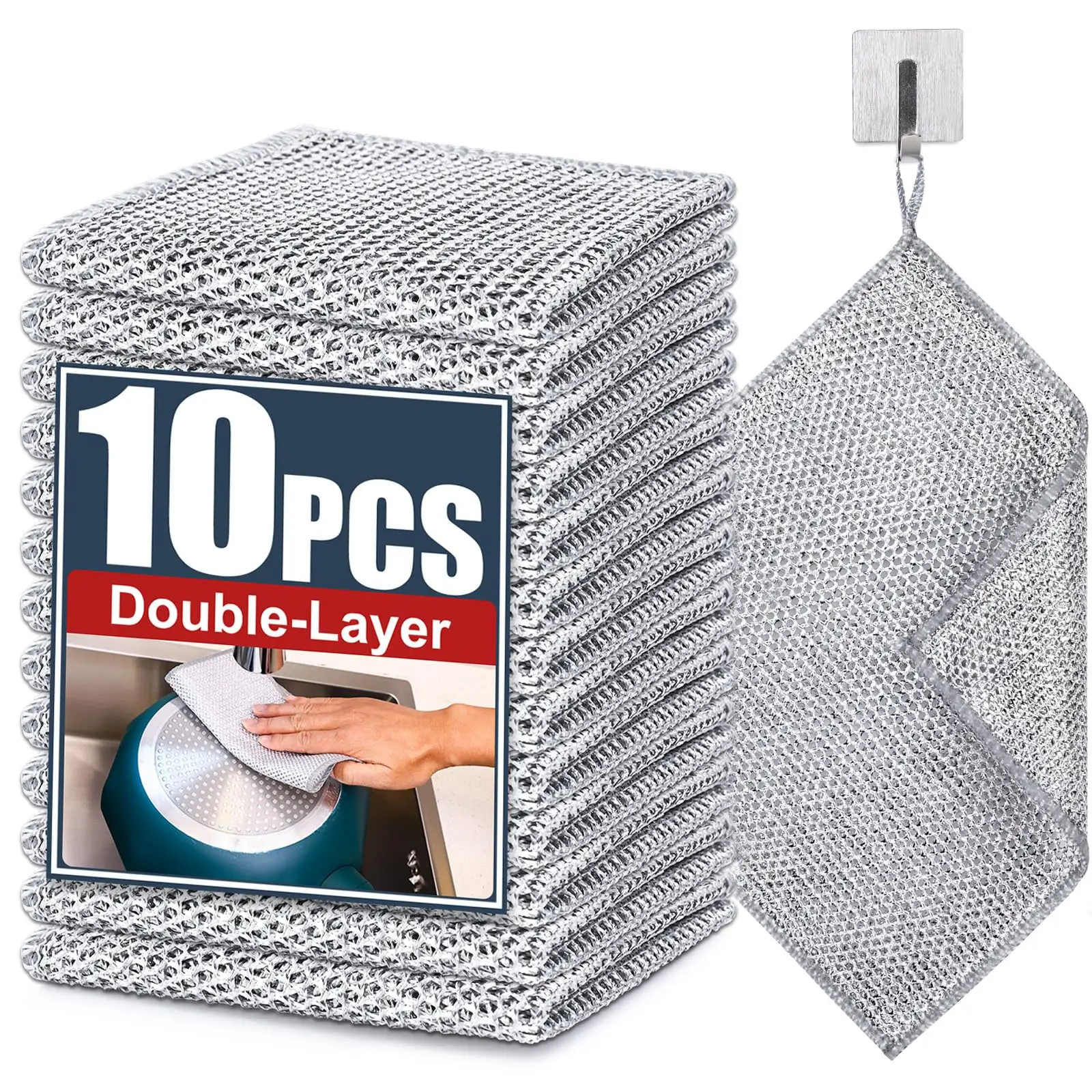 10 Pcs Steel Wire Dishcloth,Double-Layer Steel Wire Cleaning Cloth,Powerful Cleaning Non-Scratch Wire Dishcloth Rag for Cookware, Sinks, Dishes, Stove Tops reusable
