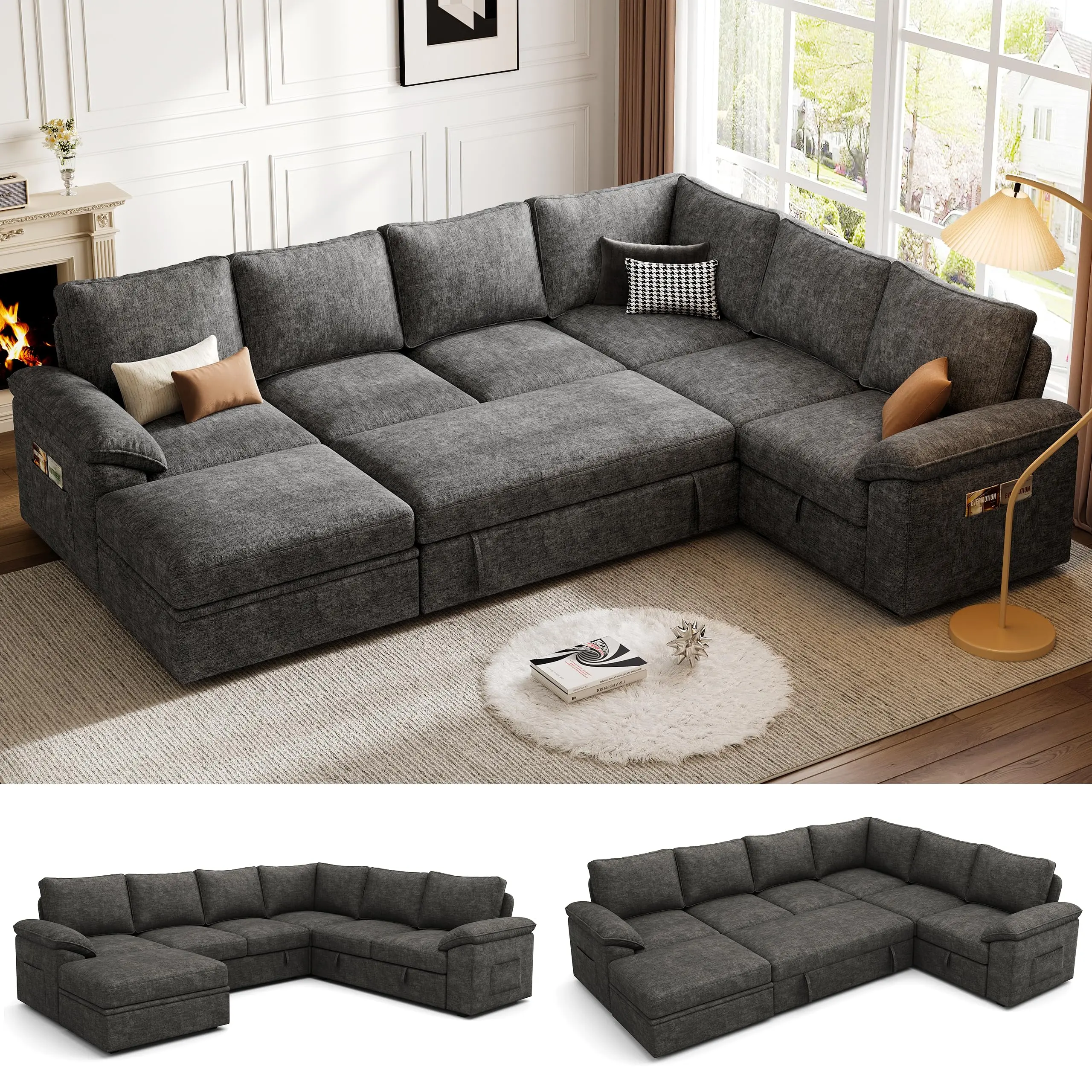 【4 Packages】108 Inch Sectional Sleeper Sofa with Pull Out Bed, U Shaped 7 Seat Modular Sectional Sofa with Storage, Sectional Couches for Living Room, Cloud Modular Couch, Removable Sofa Cover