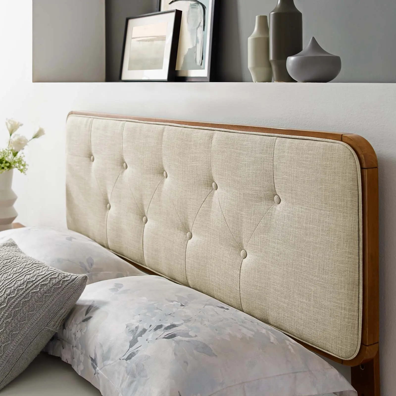 Modway Collins Upholstered Tufted Full Fabric Headboard - Modern Wooden, Walnut Beige Option for Indoor Furniture Bed Frames, Modern Wooden Headboard, Upholstered Tufted Headboard