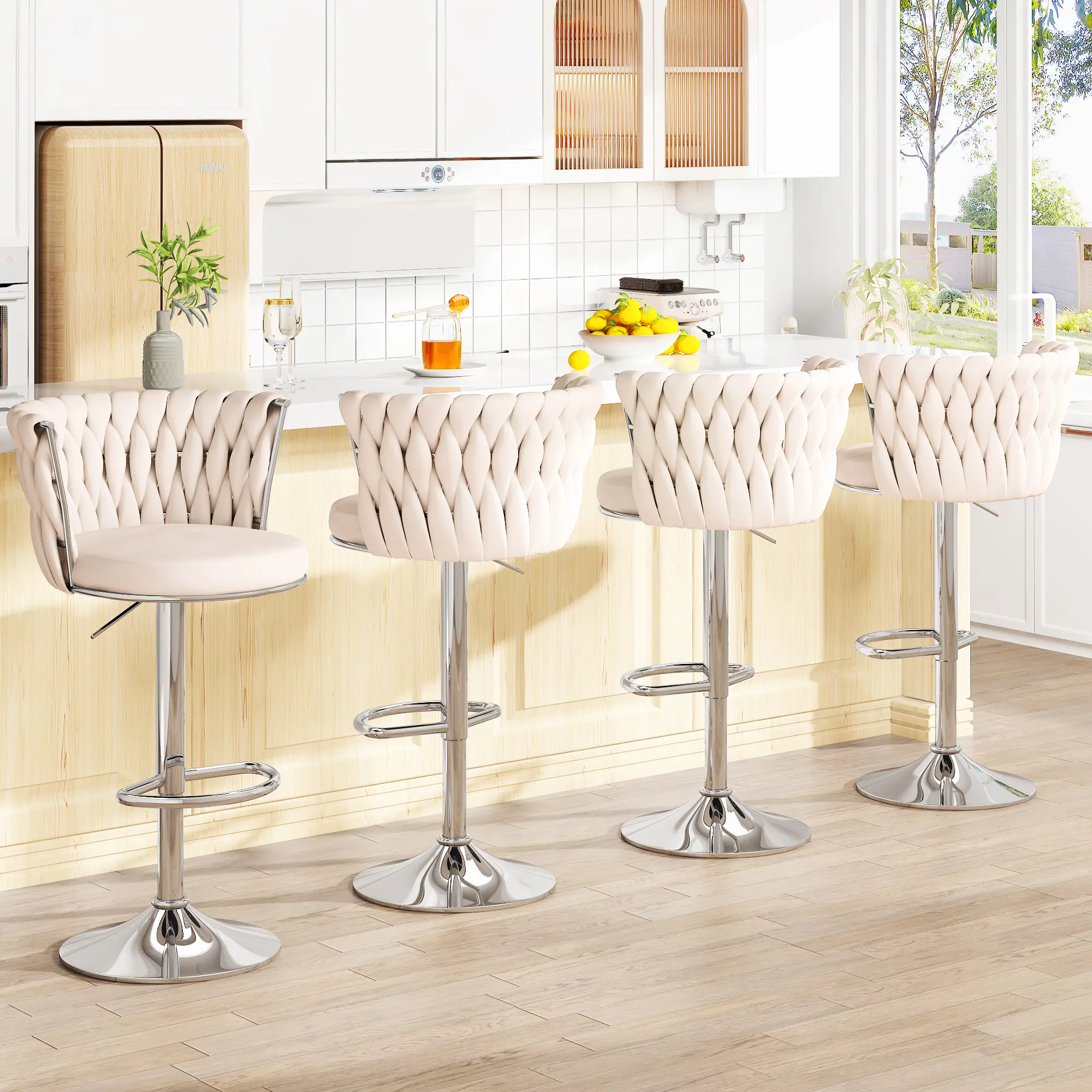 AWQM Set of 4 【Ships in 2 Packages (2 per Package)】Velvet Swivel Bar Stools, Adjustable Height Modern Kitchen Island Chairs,  Upholstered Bar Chairs,Easy to assemble homemakeover