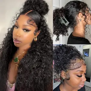 GK 360 Curly Wave Lace Front Wigs Human Hair 28 Inch Curly Wig Hidden Strap HD Full Lace Human Hair Wigs Pre Plucked with Drawstring 180% Density Deep Curly Glueless Wigs Human Hair for Women