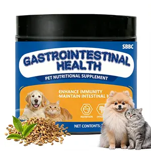Pet probiotic chewable tablets for digestive relief, featuring prebiotics, fiber, and enzymes; a dog treat alternative that supports gut and immune health; made with natural ingredients, including 7 enzymes, 3 prebiotics, and an Omega-3 blend