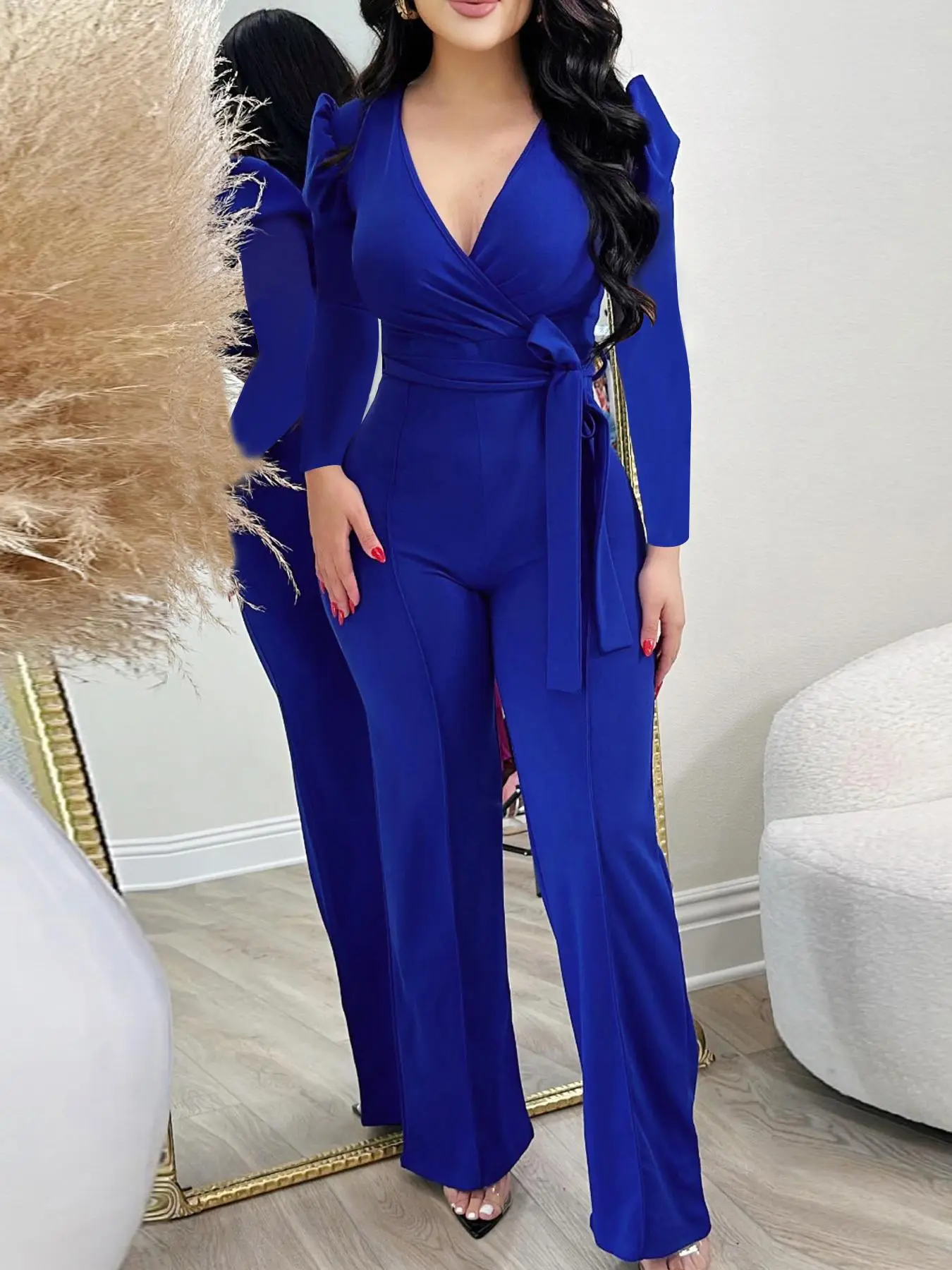 Women's Plain Chic Wrap Knot Front Seam Jumpsuit, Elegant Fashion Jumpsuit, Elegant Leg-of-mutton Sleeve Deep V Neck Long Sleeve Jumpsuit for Parties, Holiday and Wedding Guest, Ladies Womenswear Clothes for All Seasons