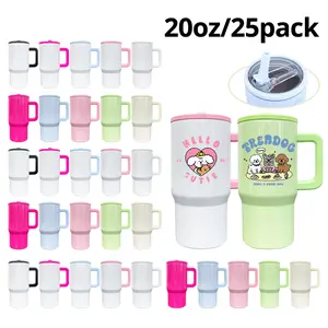 25pack Wholesale 20oz Macaron Thermal Cup with Flip Lid, Straw and Handle, 20oz Sublimable Stainless Steel Cup, Drink Cans, Iced Coffee Cup, Smoothie Cup, Unbreakable Vacuum Insulated Stainless Steel Rainbow Cup, Festive Gifts.