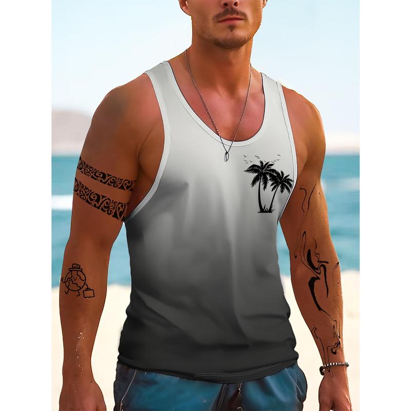 Men'S Hawaiian-Style Tropical Beach Gradient Coconut Tree 3D Print Sleeveless Tank Top - Fitness, Vacation, Home & Outdoor Sportswear, Adult, Hanzunpin Brand, Summer Casual Wear, Beach Wear |   Tropical Print Top |   Comfortable Fit, Beach Wear