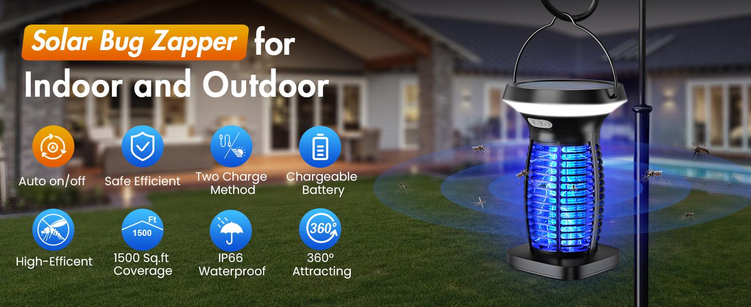 AUKFA Solar Bug Zapper Outdoor Indoor Waterproof,  solar powered Electric insect catcher with Panel Sensor,  Mosquito Zapper for Home, Patio, Camping