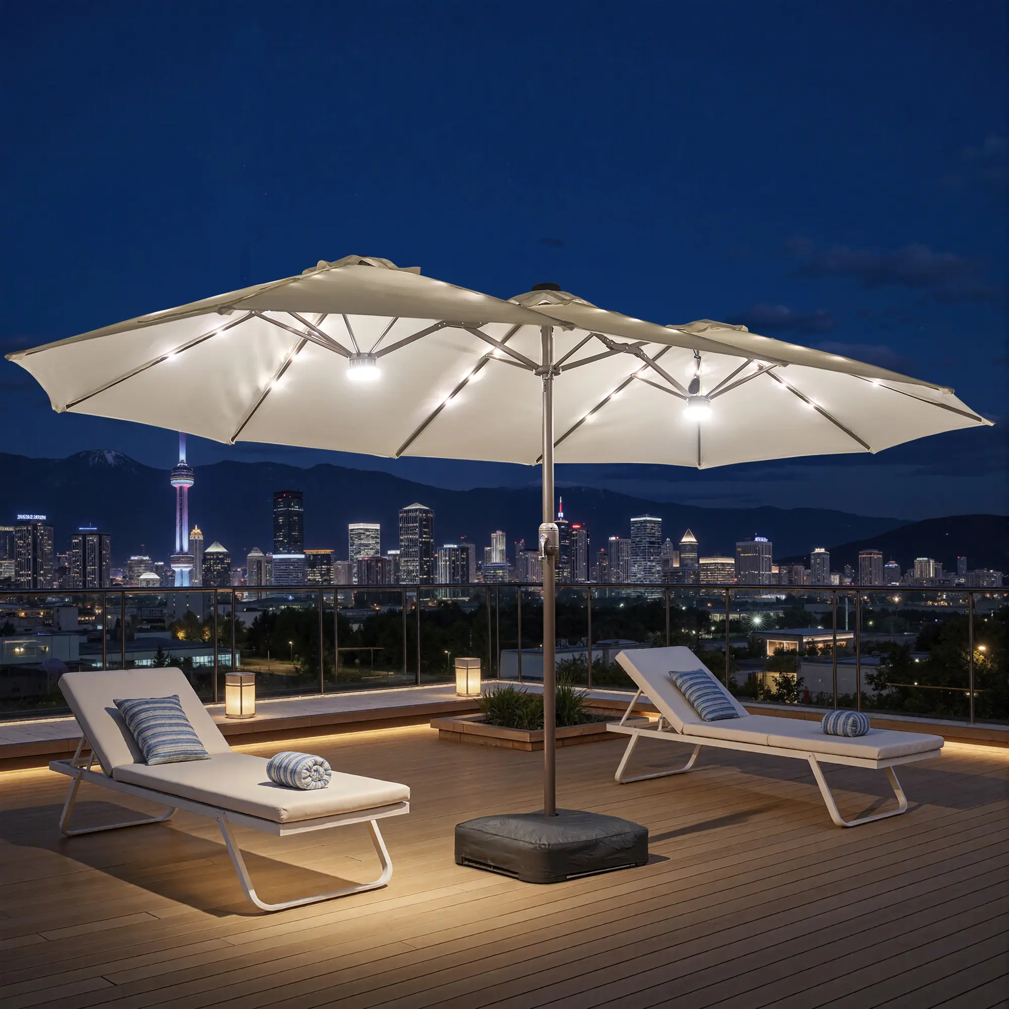 ALTRIGUS 15FT Large Patio Umbrella with Base & Lights Double-Sided Outdoor Rectangle Umbrellas for Pool Beach Garden Villa Tavern