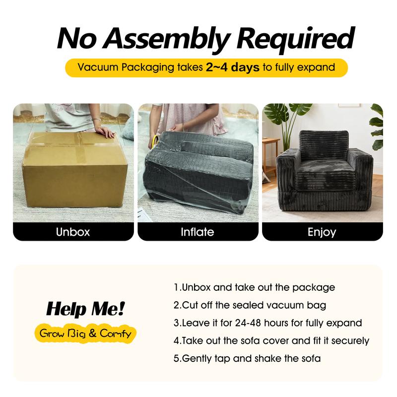 Modern High-Density Foam Sofa Bed, couch for living room, No Assembly Required, Comfy Floor Recliner, Charcoal Grey cloud couch for living room bean bag chair sofa living room furniture